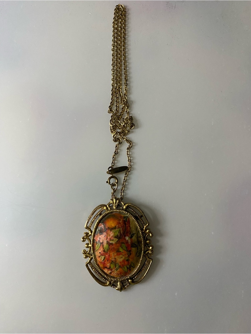 Whiting and Davis Vintage Floral Oval Pendant Necklace - Gold Tone